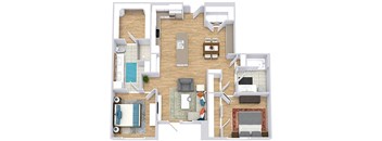 a floor plan with two bedrooms,  two bathrooms, a kitchen with an island, and a living room