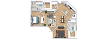 a floor plan with two bedrooms,  two bathrooms, a kitchen with an island, and a living room