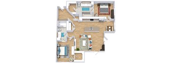 a floor plan with two bedrooms,  two bathrooms, a kitchen with an island, and a living room