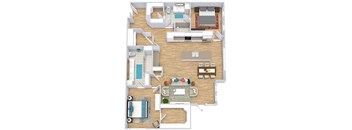 a floor plan with two bedrooms,  two bathrooms, a kitchen with an island, and a living room