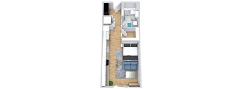 a floor plan of a studio apartment with a kitchen, bed, and bathroom