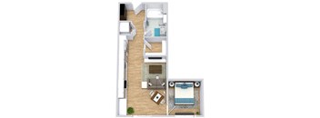 a floor plan with a bedroom, bathroom, kitchen, and living area
