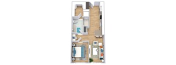 a floor plan of with a bedroom, bathroom, kitchen with an "L" shaped counter with seating, and living area