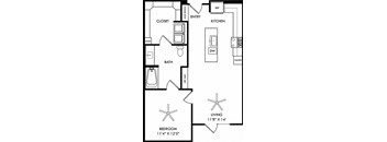 a floor plan of a house with two bedrooms and a bathroom and a kitchen
