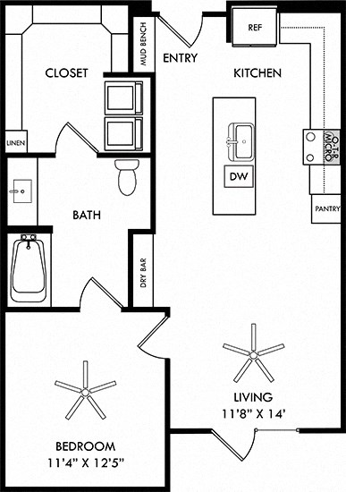 a floor plan of a house with two bedrooms and a bathroom and a kitchen