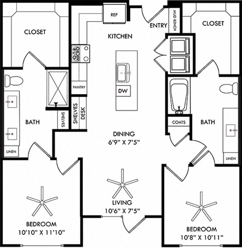 a floor plan of a house with two bedrooms and a living room