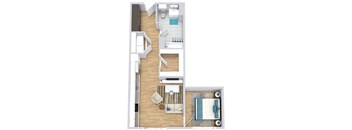 a floor plan with a bed, bathroom, kitchen, and a living area