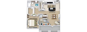 Belfast with Fenced-in Yard 3D. 1 bedroom apartment. Kitchen with bartop open to living/dining rooms. 1 full bathroom. Walk-in closet. Patio/balcony.