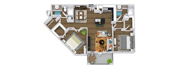 The Rome 3D. 2 bedroom apartment. Kitchen with bartop open to living/dining rooms. 2 full bathrooms. Walk-in closets. Patio/balcony.