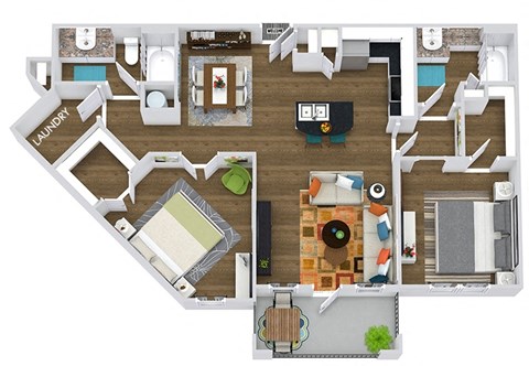 The Rome 3D. 2 bedroom apartment. Kitchen with bartop open to living/dining rooms. 2 full bathrooms. Walk-in closets. Patio/balcony.