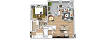 A 3D floor plan of a house showing the layout of the rooms.