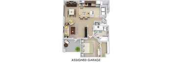 Madrid with Assigned Garage 3D. 1 bedroom apartment. Kitchen with bartop open to living/dinning rooms. 1 full bathroom. Walk-in closet. balcony. External storage. Assigned Garage