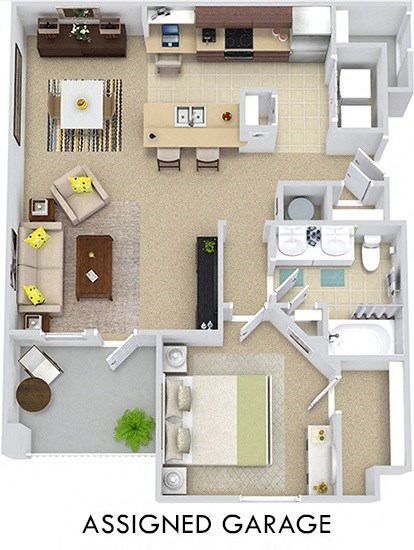 Madrid with Assigned Garage 3D. 1 bedroom apartment. Kitchen with bartop open to living/dinning rooms. 1 full bathroom. Walk-in closet. balcony. External storage. Assigned Garage