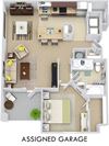 Madrid with Assigned Garage 3D. 1 bedroom apartment. Kitchen with bartop open to living/dinning rooms. 1 full bathroom. Walk-in closet. balcony. External storage. Assigned Garage