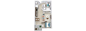 3D studio floorplan with stackable w/d at entrance. full bath with linen shelves. Kitchen with Pantry. Living/Dining/Sleeping areas.