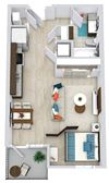 The Barton 3D studio floorplan with stackable w/d at entrance. full bath with linen shelves. Kitchen with Pantry. Living/Dining/Sleeping areas.