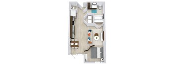 3D studio with full size w/d full bath at entrance. Kitchen with dishwasher. Living/Dining/Sleeping Area