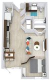 The Butler 3D studio with full size w/d full bath at entrance. Kitchen with dishwasher. Living/Dining/Sleeping Area