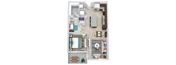 The Laurel 3D. 1 bedroom apartment. Kitchen with island open to living room. full bathroom. Walk-in closet. Patio/balcony.