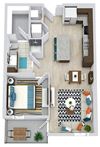The Chisholm 3D 1 bedroom floorplan with L-shaped kitchen and island. full bath with standalone shower. Walk-in Closet