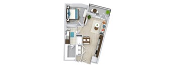 3D 1 bedroom floorplan with fill size w/d kitchen with pantry. living/dining area. bedroom and full bath with walk-in closet.