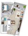 The Colorado 3D 1 bedroom floorplan with fill size w/d kitchen with pantry. living/dining area. bedroom and full bath with walk-in closet.