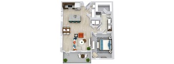 1 bedroom floorplan with kitchen and island sink/dw. full size washer dryer. Living/dining area. Double sink vanity with standalone shower. Walk-in closet.