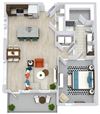 The Cullen 1 bedroom floorplan with kitchen and island sink/dw. full size washer dryer. Living/dining area. Double sink vanity with standalone shower. Walk-in closet.