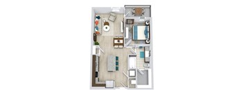 3D 1 bedroom floorplan with l-shaped kitchen and island. Pantry closet. living/dining area. full bath with tub and walk-in closet. stackable W/D.