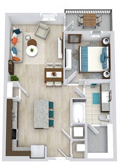 3D 1 bedroom floorplan with l-shaped kitchen and island. Pantry closet. living/dining area. full bath with tub and walk-in closet. stackable W/D.