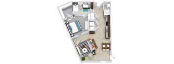 1 bedroom with full bath off of entrance. Full size washer/dryer. Kitchen with pantry cabinet. Living, dining area. Sliding doors leading to bedroom and walk-in closet. Bedroom has entrance to bath.