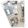 1 bedroom with full bath off of entrance. Full size washer/dryer. Kitchen with pantry cabinet. Living, dining area. Sliding doors leading to bedroom and walk-in closet. Bedroom has entrance to bath.