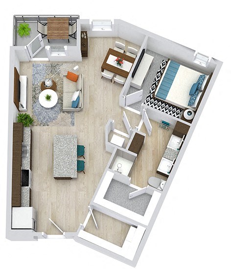 1 bedroom floorplan with large laundry room. Kitchen with island. living/dining area. bath with standalone shower. Large Walk-in closet.