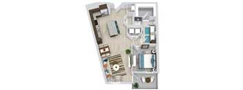 1 bedroom floorplan with L-shaped kitchen with island and pantry. Living/dining area. Full size w/d. Bathroom with double sink vanity and standalone shower. Walk-in closet