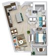 The Lockhart 1 bedroom floorplan with L-shaped kitchen with island and pantry. Living/dining area. Full size w/d. Bathroom with double sink vanity and standalone shower. Walk-in closet