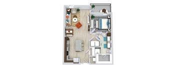 1 bedroom floorplan with L-shaped kitchen with island and pantry. Living/dining area. Full size w/d. Bathroom with double sink vanity and standalone shower. Walk-in closet