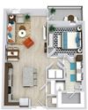 The Longhorn 1 bedroom floorplan with L-shaped kitchen with island and pantry. Living/dining area. Full size w/d. Bathroom with double sink vanity and standalone shower. Walk-in closet