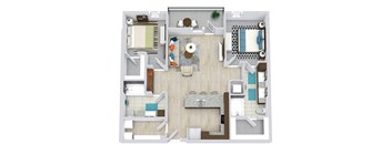 2 bedroom 2 bath floorplan with u-shaped kitchen with peninsula sink/dw. overlooking the living/dining area. bedrooms on opposite sides. primary bath with double sink vanity. walk-in closets. full size w/d.
