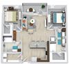 The McKinney 2 bedroom 2 bath floorplan with u-shaped kitchen with peninsula sink/dw. overlooking the living/dining area. bedrooms on opposite sides. primary bath with double sink vanity. walk-in closets. full size w/d.