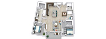 2 bedroom 2 bath floorplan. l-shaped kitchen with island and pantry. dining area and living area. double sink vanity in primary bathroom. Walk-in closets. full size w/d.