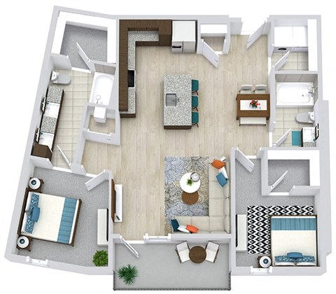 2 bedroom 2 bath floorplan. l-shaped kitchen with island and pantry. dining area and living area. double sink vanity in primary bathroom. Walk-in closets. full size w/d.