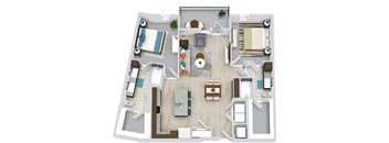 2 bedroom 2 bath floorplan with l-shaped kitchen and island with sink and d/w. dining area and living area. double sink vanity in primary bedroom. large walk-in closets. full size w/d.