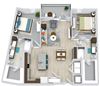 The Stoneridge 2 bedroom 2 bath floorplan with l-shaped kitchen and island with sink and d/w. dining area and living area. double sink vanity in primary bedroom. large walk-in closets. full size w/d.