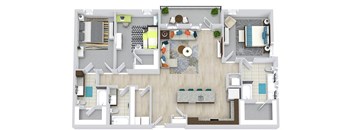 3 bedroom 3 bath floor plan with L-shaped kitchen with sink/dw in island. overlooks living/dining area. Primary bathroom includes double sink vanity. Full size w/d. Large walk-in closets