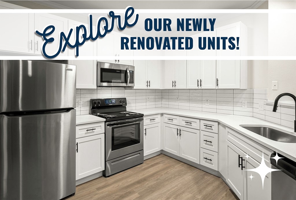 A kitchen with a refrigerator, oven, microwave, and sink is advertised as newly renovated.