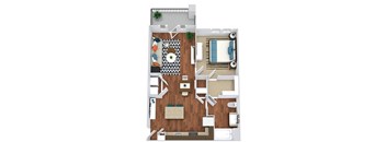 The Brooks. 1 bedroom apartment. Kitchen with island open to living/dinning rooms. 1 full bathroom. Walk-in closet. Patio/balcony.