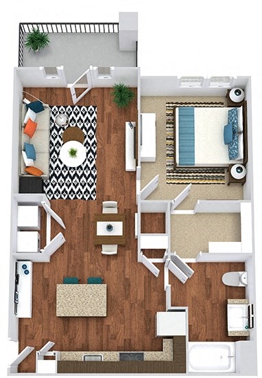 The Brooks. 1 bedroom apartment. Kitchen with island open to living/dinning rooms. 1 full bathroom. Walk-in closet. Patio/balcony.