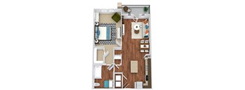 The Jennings. 1 bedroom apartment. Kitchen with island open to living/dinning rooms. 1 full bathroom. Walk-in closet. Patio/balcony.