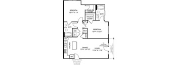 A floor plan of a house with two bedrooms, a kitchen, a dining area, and a bathroom.