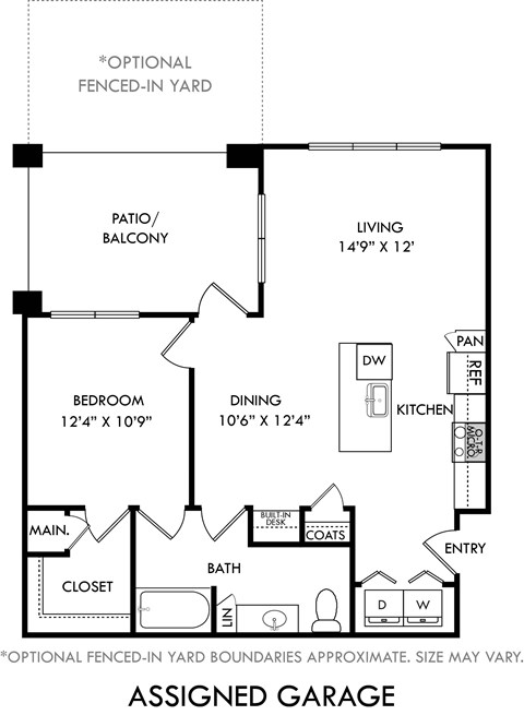 A black and white diagram of a house layout with optional fenced-in yard.